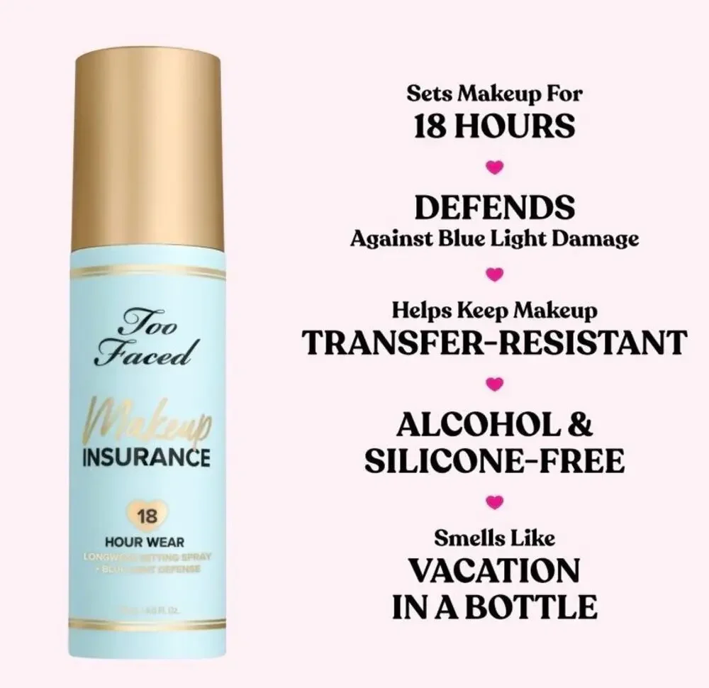 Too Faced Makeup Insurance Longwear Setting Spray + Blue Light Defense 4 Oz